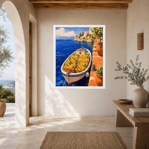 May include: A framed wall art print depicting a white boat filled with yellow lemons floating on deep blue water next to a terracotta walkway. The scene includes a coastal cliffside with buildings and a clear blue sky with white clouds.