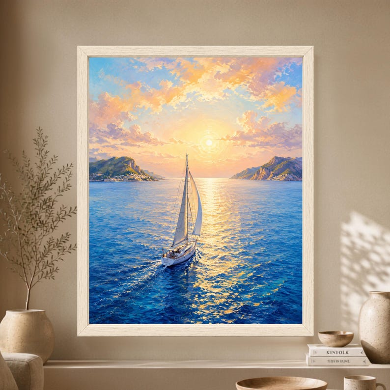Framed Mediterranean sailboat wall art showing a white sailing boat crossing vivid blue water toward a glowing golden sunset between two rocky island coastlines beneath soft pastel clouds.