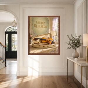 Pu&ograve; includere: Una stampa d'arte incorniciata raffigurante un violino in legno all'interno di una custodia rigida aperta color crema. Lo sfondo mostra una parete con il testo "GOLDEN REHEARSAL" in lettere dorate, un leggio e fiori in una stanza soleggiata.