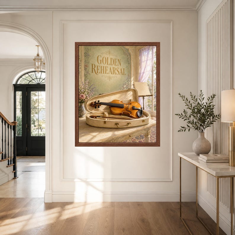 Pu&ograve; includere: Una stampa d'arte incorniciata raffigurante un violino in legno all'interno di una custodia rigida aperta color crema. Lo sfondo mostra una parete con il testo "GOLDEN REHEARSAL" in lettere dorate, un leggio e fiori in una stanza soleggiata.