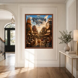 May include: A framed wall art print titled Rhythm Row featuring a bustling street scene with people playing various drums and musical instruments under a golden sky. The artwork displays ornate architecture, warm lighting, and a central figure dancing.