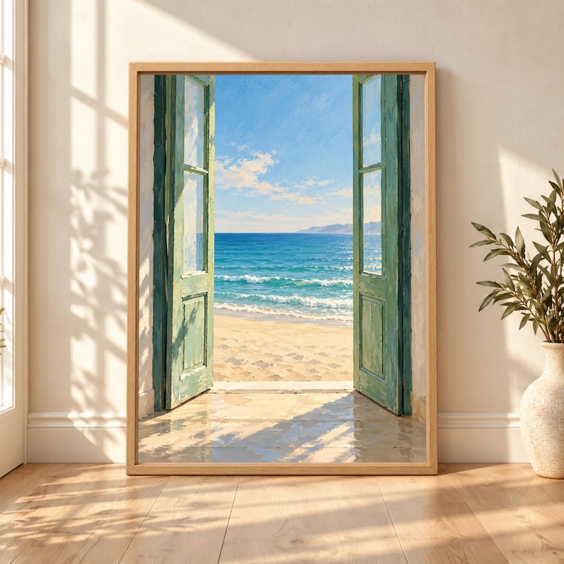 Framed Mediterranean coastal wall art showing open sage green doors facing a sandy beach, turquoise sea and clear blue sky in warm sunlight.