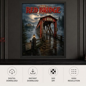 K&ouml;nnte beinhalten: Ein gerahmter Wandkunstdruck mit dem Titel The Red Bridge, der eine rote &uuml;berdachte Br&uuml;cke &uuml;ber Wasser in einem nebligen Wald bei Nacht zeigt. Eine leuchtende Laterne steht auf einem Pfosten neben einem Schild mit der Aufschrift Warning Unsafe After Dark.