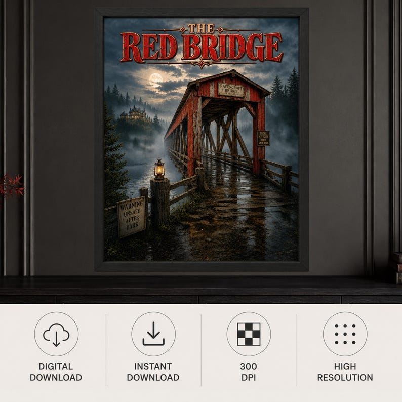K&ouml;nnte beinhalten: Ein gerahmter Wandkunstdruck mit dem Titel The Red Bridge, der eine rote &uuml;berdachte Br&uuml;cke &uuml;ber Wasser in einem nebligen Wald bei Nacht zeigt. Eine leuchtende Laterne steht auf einem Pfosten neben einem Schild mit der Aufschrift Warning Unsafe After Dark.