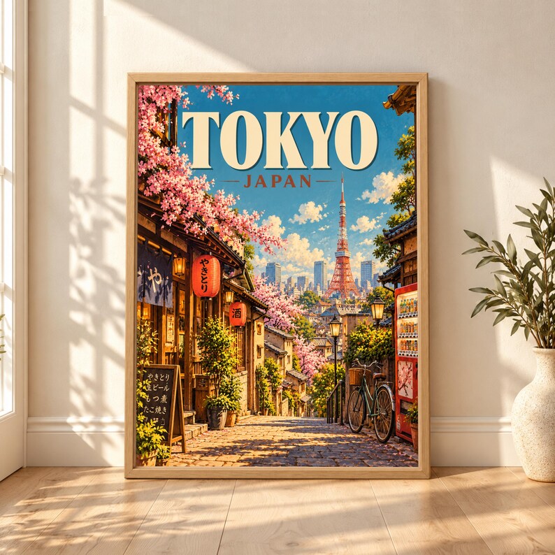Framed Tokyo Japan travel poster showing Tokyo Tower beyond a traditional street with pink cherry blossoms, wooden shops, paper lanterns, a bicycle and a red vending machine under a bright blue sky.