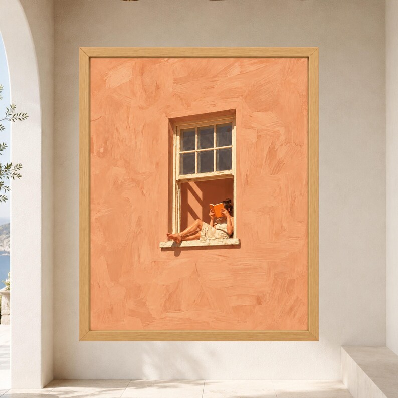 Woman Reading Window Print, Mediterranean Wall Art, Peach Orange Book Lover Decor, Digital Download image 9