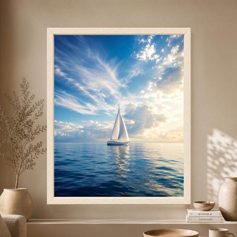 Framed coastal wall art showing a single white sailboat on calm blue ocean water beneath a wide sky filled with sweeping clouds and warm evening sunlight.