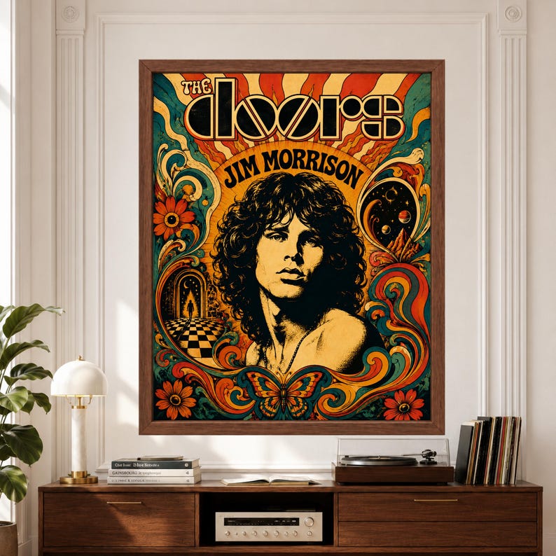 Framed psychedelic Jim Morrison and The Doors wall art featuring a bold black portrait surrounded by orange, teal and gold floral swirls, cosmic imagery and vintage 1960s rock poster typography.