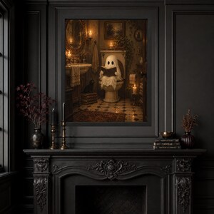 Gothic Ghost Reading on Toilet Print, Black Cat Bathroom Art (Digital Download) image 3