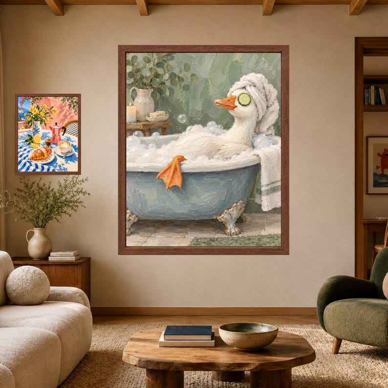 Spa Duck Bath Print, Cucumber Eyes, Sage Green Bathroom Art (Digital Download) image 7