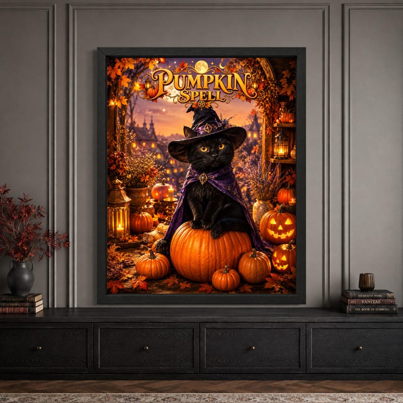 Framed black cat Halloween wall art featuring a witch cat in a purple hat and cloak sitting on a large pumpkin, surrounded by glowing jack-o’-lanterns, lanterns, autumn leaves and a magical village beneath “Pumpkin Spell” typography.