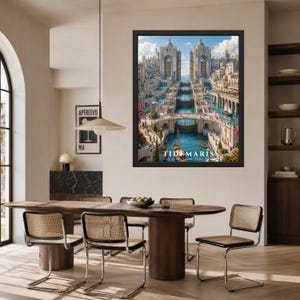 May include: A framed wall art print featuring a detailed architectural illustration of a fantasy city with canals, stone bridges, and tall towers. The text TIDEMARIS City of the Great Tidal Gate is printed at the bottom of the artwork.