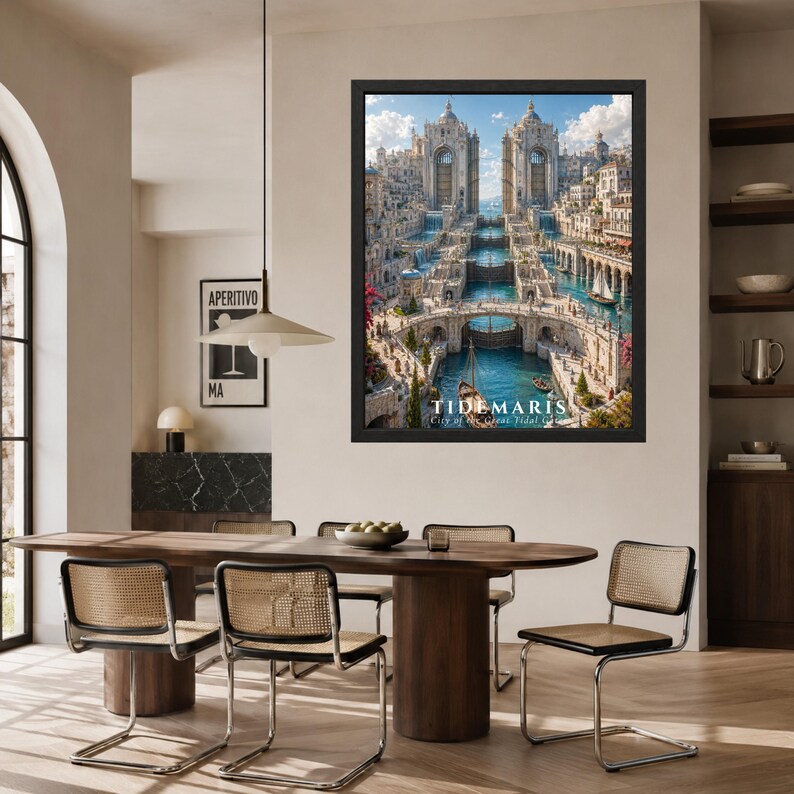 May include: A framed wall art print featuring a detailed architectural illustration of a fantasy city with canals, stone bridges, and tall towers. The text TIDEMARIS City of the Great Tidal Gate is printed at the bottom of the artwork.