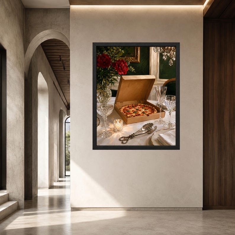 May include: A framed wall art print depicting a pizza in an open cardboard box on a white tablecloth, accompanied by crystal glassware, silver serving tongs, a small lit candle, and a vase filled with red flowers in a dark, elegant room.