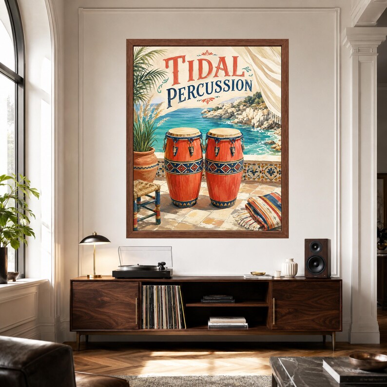 May include: A framed wall art print titled Tidal Percussion featuring two orange conga drums with blue and white geometric patterns, set on a tiled patio overlooking a blue sea with rocky cliffs, a potted palm, and a folded striped textile.