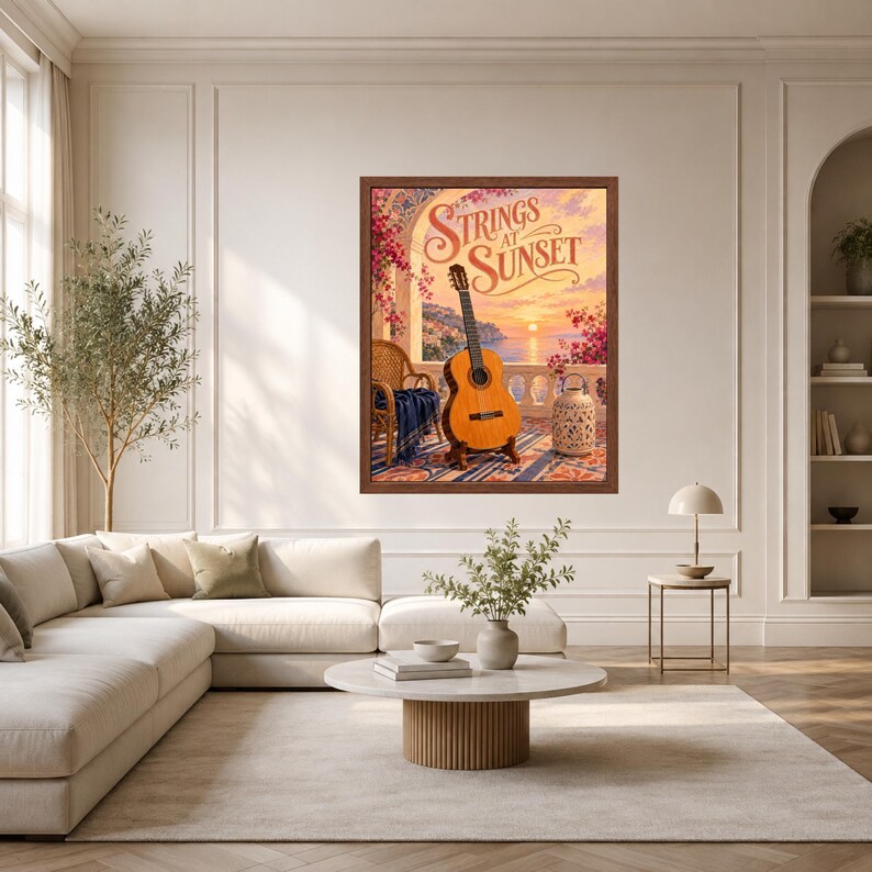 May include: A framed wall art print titled Strings at Sunset featuring an acoustic guitar standing on a balcony overlooking a coastal sunset with pink flowers, a wicker chair, and a decorative lantern under a stone archway in warm colors.