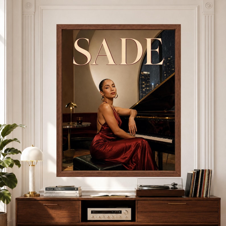 Framed Sade wall art featuring a woman in a deep red satin dress seated beside a black grand piano in a warm late-night lounge with large cream SADE lettering above.