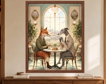 Fox and Greyhound Business Lunch Art, French Cafe Decor (Digital Download)