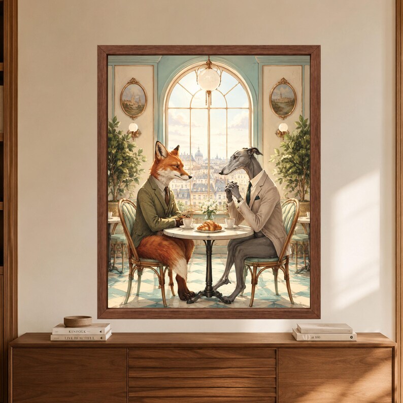 Framed whimsical animal wall art showing a suited red fox and greyhound having coffee and croissants at a marble table inside an elegant French-style cafe with a large arched window.