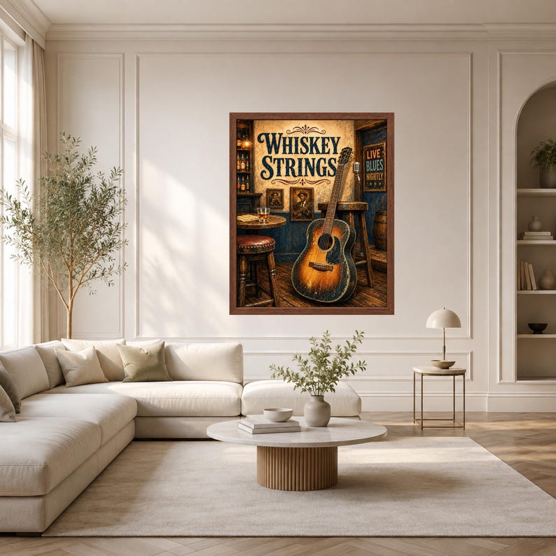 Op de afbeelding: Een ingelijste kunstdruk met een rustieke barsc&egrave;ne met de tekst "WHISKEY STRINGS" bovenaan. De afbeelding toont een akoestische gitaar die tegen een houten kruk leunt, een tafeltje met een glas whisky en een "LIVE BLUES NIGHTLY"-bordje.