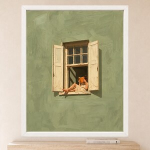 Woman Reading in Window Print, Sage Green Wall Art, Book Lover Decor (Digital Download) image 2