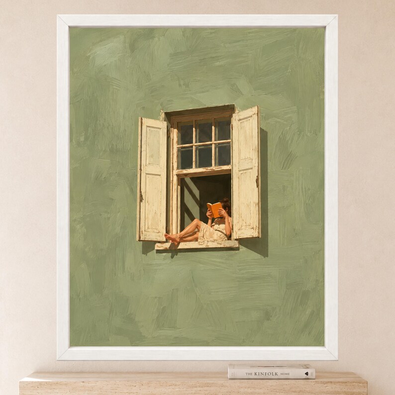 Woman Reading in Window Print, Sage Green Wall Art, Book Lover Decor (Digital Download) image 2