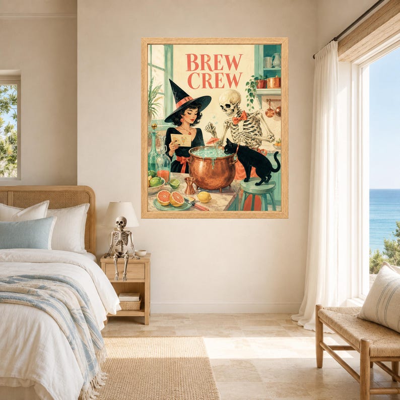 May include: A framed wall art print titled BREW CREW featuring a witch in a black hat, a skeleton, and a black cat gathered around a bubbling cauldron. The illustration includes citrus fruits, glass bottles, and kitchen elements in a warm palette.