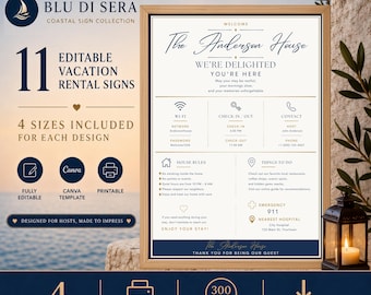 Airbnb Sign Bundle, 11 Editable Canva Vacation Rental Signs, Welcome WiFi Checkout House Rules