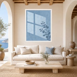 Dusty Blue Botanical Shadow Print, Minimalist Leaf Window Art (Digital Download) image 3