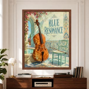 Framed Blue Resonance cello wall art featuring a polished wooden cello in a bright Mediterranean courtyard with turquoise patterned tiles, fountain reflections, blue chair, cello bow and pink bougainvillea.