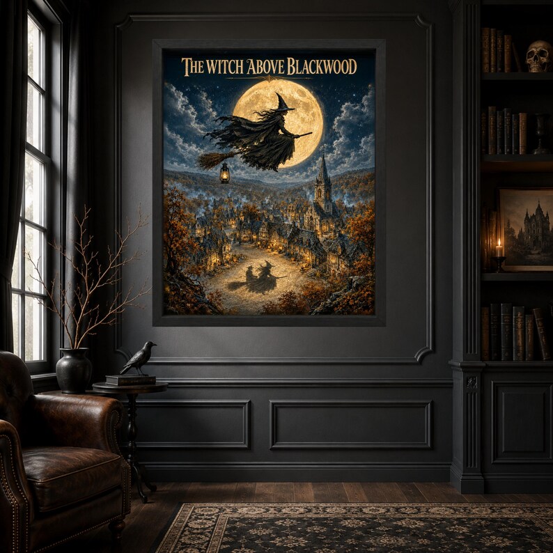K&ouml;nnte beinhalten: Ein gerahmter Kunstdruck mit dem Titel The Witch Above Blackwood, der eine Hexe auf einem Besen vor einem gro&szlig;en Vollmond &uuml;ber einem n&auml;chtlichen Dorf zeigt. Das Bild enth&auml;lt einen dunklen Himmel, leuchtende Fenster und eine Laterne.