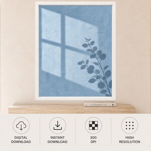 Dusty Blue Botanical Shadow Print, Minimalist Leaf Window Art (Digital Download) image 11