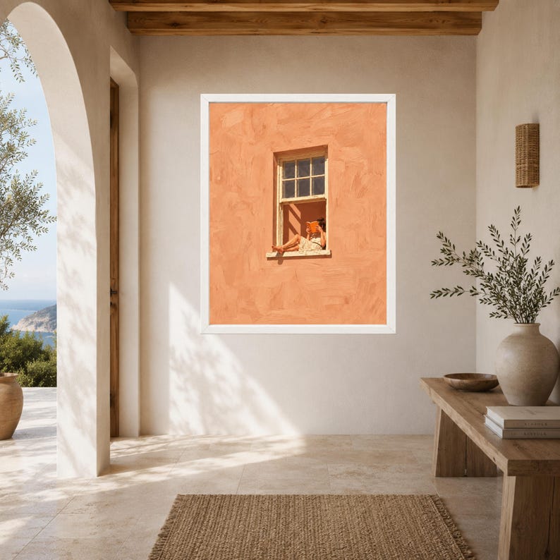 Woman Reading Window Print, Mediterranean Wall Art, Peach Orange Book Lover Decor, Digital Download image 6