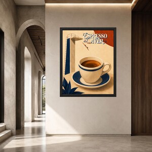 May include: A framed wall art print featuring a white espresso cup and saucer with blue trim. The background depicts a diving board and a person diving into the coffee. The text Espresso Diver is printed in a stylized font at the top right.