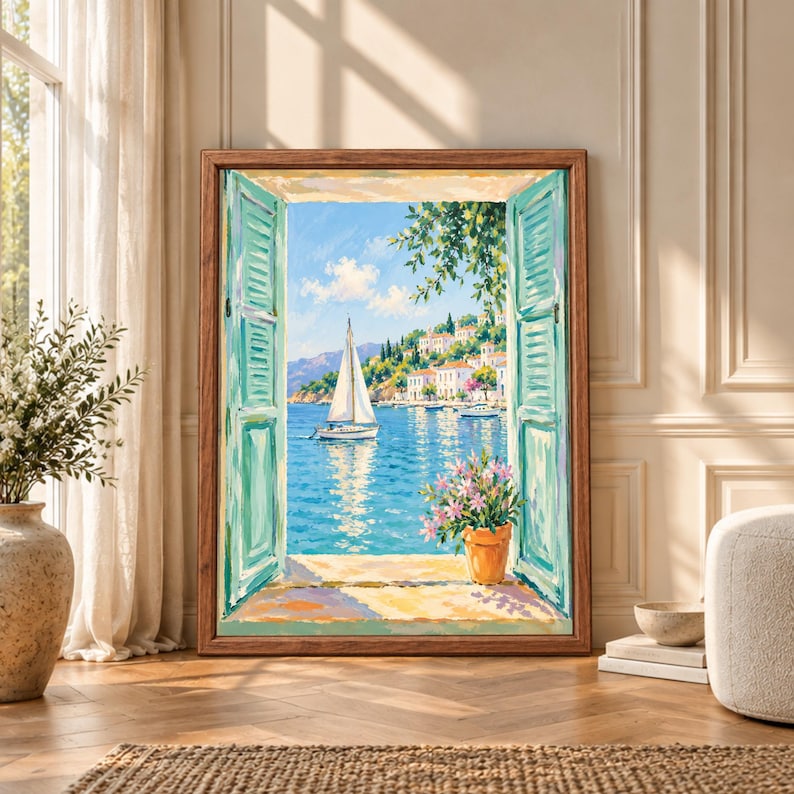 Framed Mediterranean window wall art showing open turquoise shutters overlooking a bright blue sea with a white sailboat, hillside coastal village, greenery and pink flowers.