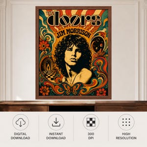 May include: A framed poster featuring a portrait of Jim Morrison with the text The Doors. The artwork uses a vibrant colour palette of orange, yellow, teal, and red with swirling patterns, flowers, a butterfly, and a checkered floor design.