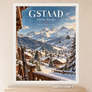 Gstaad Swiss Alps Travel Poster, Alpine Village, Ski Resort (Digital Download) image 2