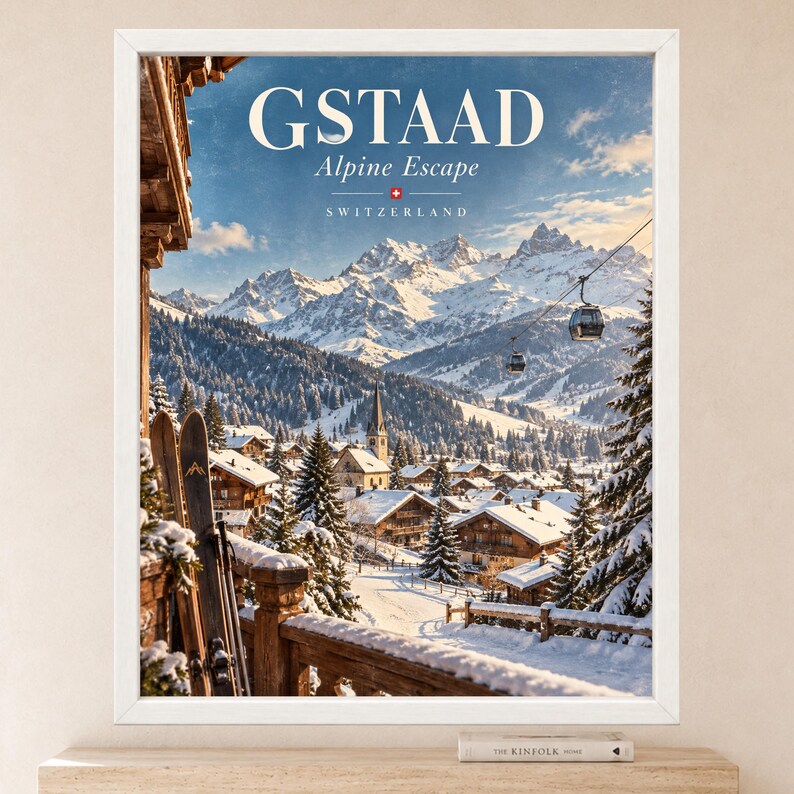 Gstaad Swiss Alps Travel Poster, Alpine Village, Ski Resort (Digital Download) image 2