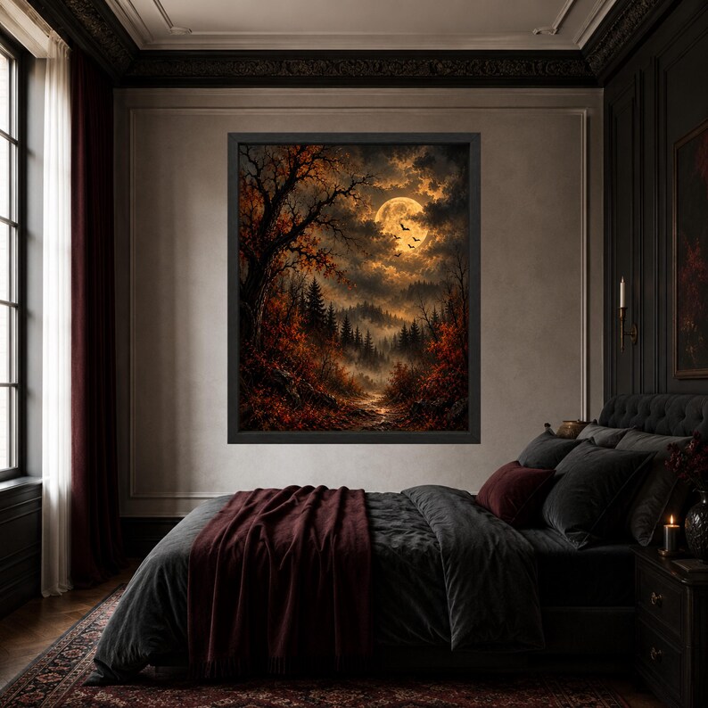 Cuadro decorativo de bosque con luna llena, paisaje otoñal gótico, lámina de murciélago espeluznante de Halloween, descarga digital. imagen 7