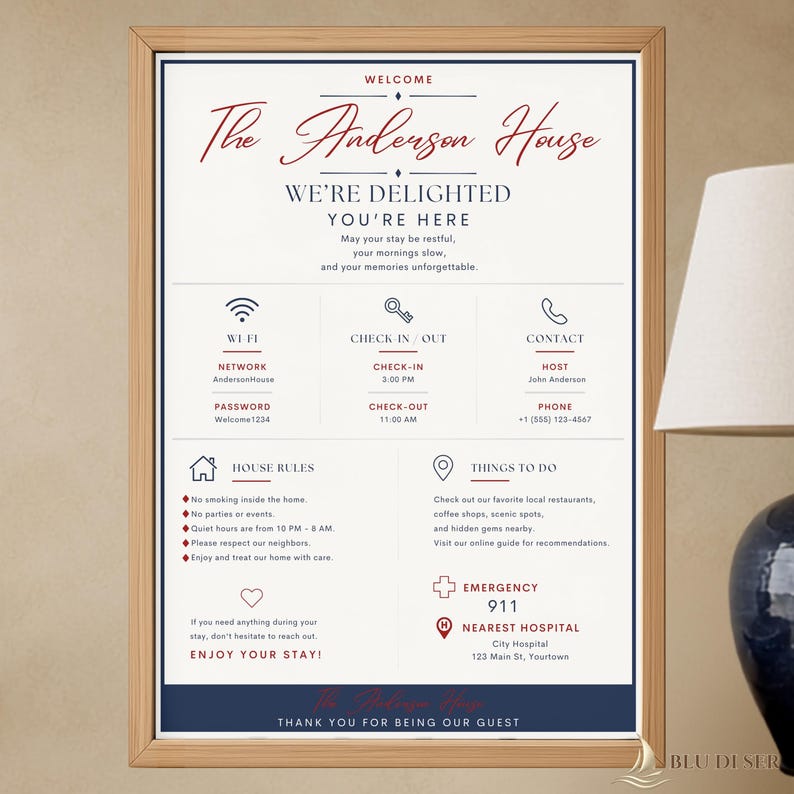 Puede incluir: Un letrero de bienvenida enmarcado para The Anderson House con texto en azul oscuro y rojo sobre fondo blanco. Incluye secciones para Wi-Fi, horarios de entrada y salida, contactos, normas de la casa, recomendaciones y datos de emergencia.