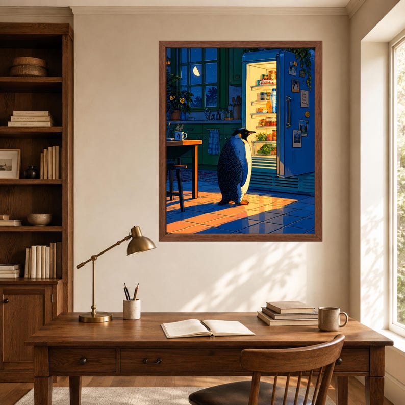 May include: A framed wall art print depicting a penguin standing in a kitchen at night, facing an open, illuminated refrigerator. The scene features a dark blue color palette, a crescent moon visible through a window, and warm light on the floor.