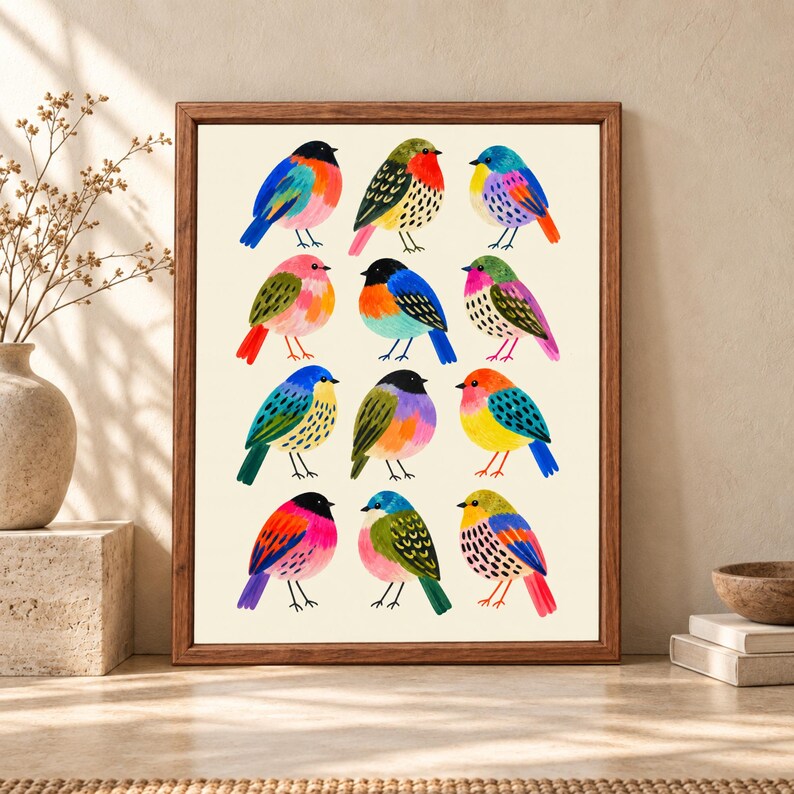 Framed colorful bird wall art featuring twelve hand-painted folk art birds in blue, pink, orange, yellow and green arranged on a warm cream background.