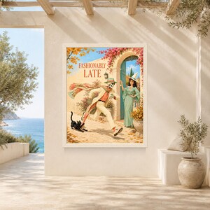 May include: A framed art print titled FASHIONABLY LATE featuring a skeleton in a light suit and hat running toward a doorway where a person in a green dress and pointed hat stands. A black cat pulls at the skeleton's scarf in a sunny outdoor setting.