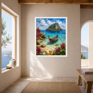 Peut inclure: Une impression d'art mural encadr&eacute;e repr&eacute;sentant une barque en bois flottant sur une eau turquoise claire pr&egrave;s d'une &icirc;le rocheuse. La sc&egrave;ne comprend des fleurs de bougainvillier magenta vives au premier plan et un ciel bleu &eacute;clatant.