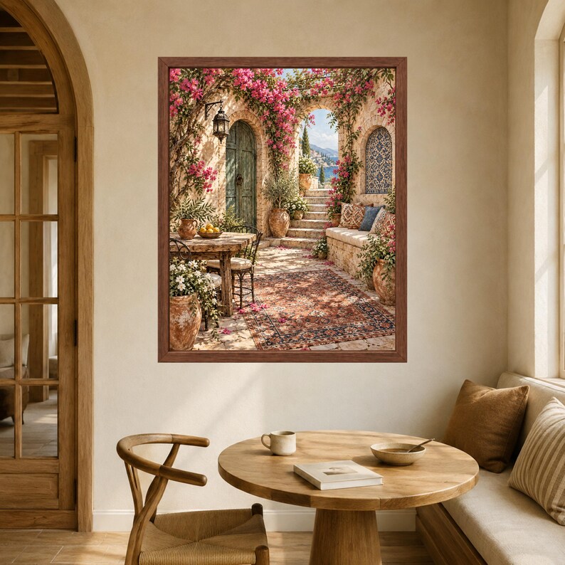 May include: A framed wall art print depicting a Mediterranean patio scene with a stone table, chairs, and a built-in bench. The scene features vibrant pink bougainvillea flowers, terracotta pots, a patterned rug, and an arched doorway leading to stairs.