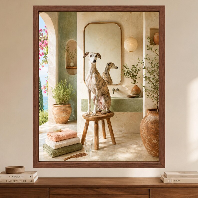 Whippet Bathroom Wall Art, Greyhound Dog Poster, Mediterranean Bathroom Print, Digital Download immagine 2