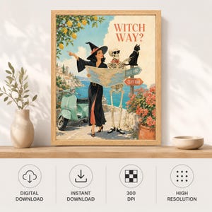 Puede incluir: Una l&aacute;mina enmarcada titulada WITCH WAY? que muestra a una bruja con vestido negro y un esqueleto con gafas de sol mirando un mapa. Un gato negro se sienta en una se&ntilde;al que indica Coast Road y Cliff Road. Un scooter de color verde claro.