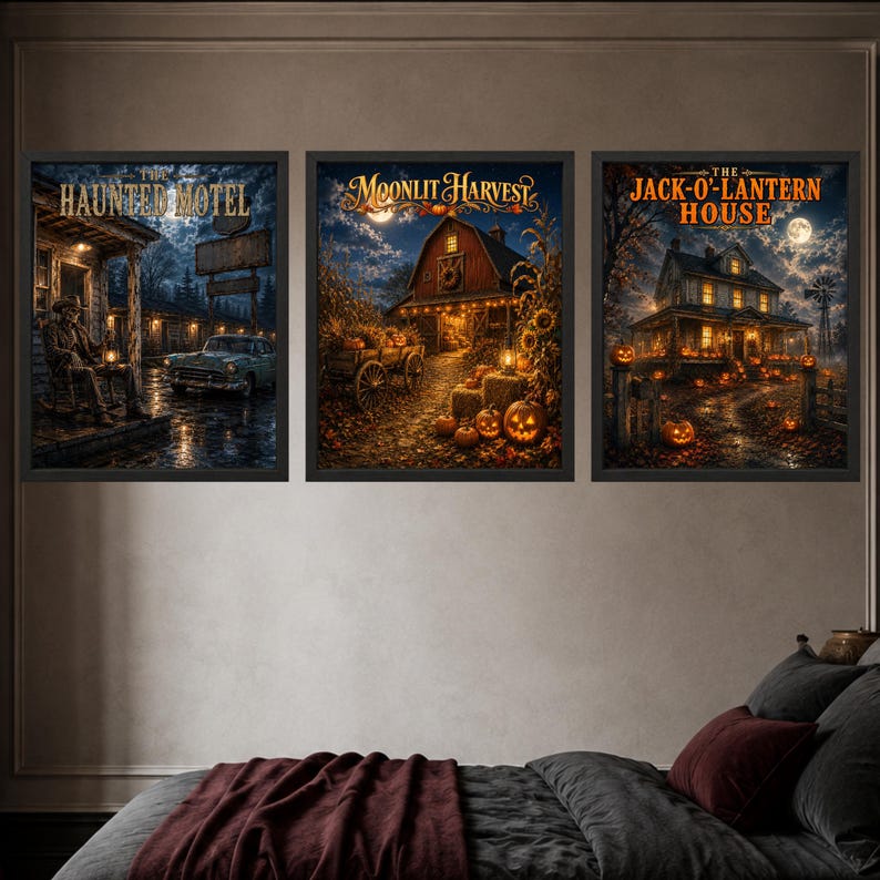 May include: Three framed wall art prints featuring Halloween scenes. The left print shows The Haunted Motel with a skeleton on a porch. The center print depicts Moonlit Harvest with a barn and pumpkins. The right print shows The Jack-O-Lantern House.