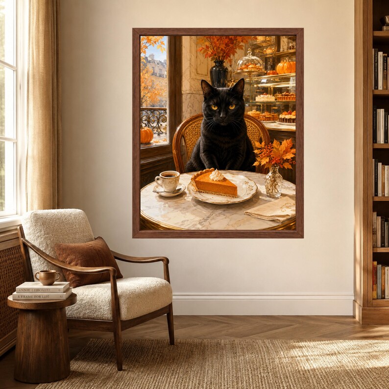 May include: A framed wall art print depicting a black cat sitting at a round marble table in a cafe. On the table sits a slice of pumpkin pie with whipped cream, a cup of coffee, and a small vase of orange autumn leaves. A window shows fall foliage.