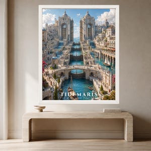 May include: A framed wall art print depicting a fantasy city with stone architecture, canals, and waterfalls. The text TIDEMARIS City of the Great Tidal Gate is printed at the bottom. The scene features boats on blue water and tall towers.